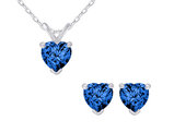 Created Dark Blue Sapphire Heart Earrings and Pendant Necklace Set 2.0 Carat (ctw) in Sterling Silver